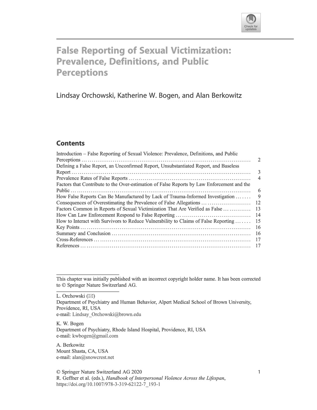 False Reporting of Sexual Victimization:<br /><br />
Prevalence, Definitions, and Public<br /><br />
Perceptions<br /><br />
