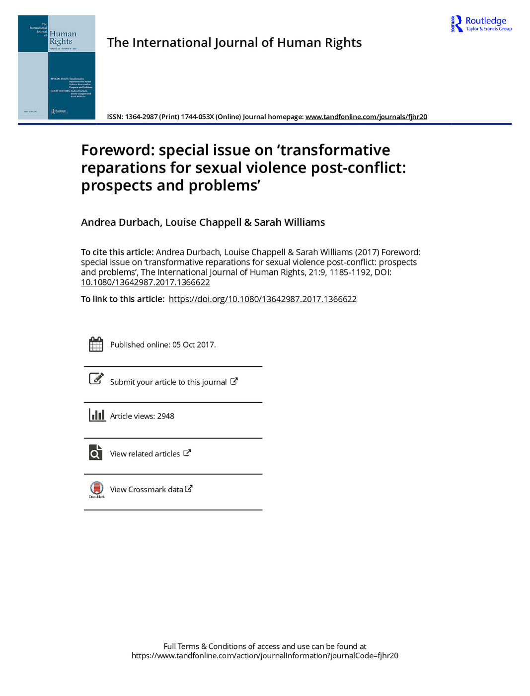 Foreword: Special Issue on 'Transformative Reparations for Sexual Violence Post-Conflict: Prospects and Problems'