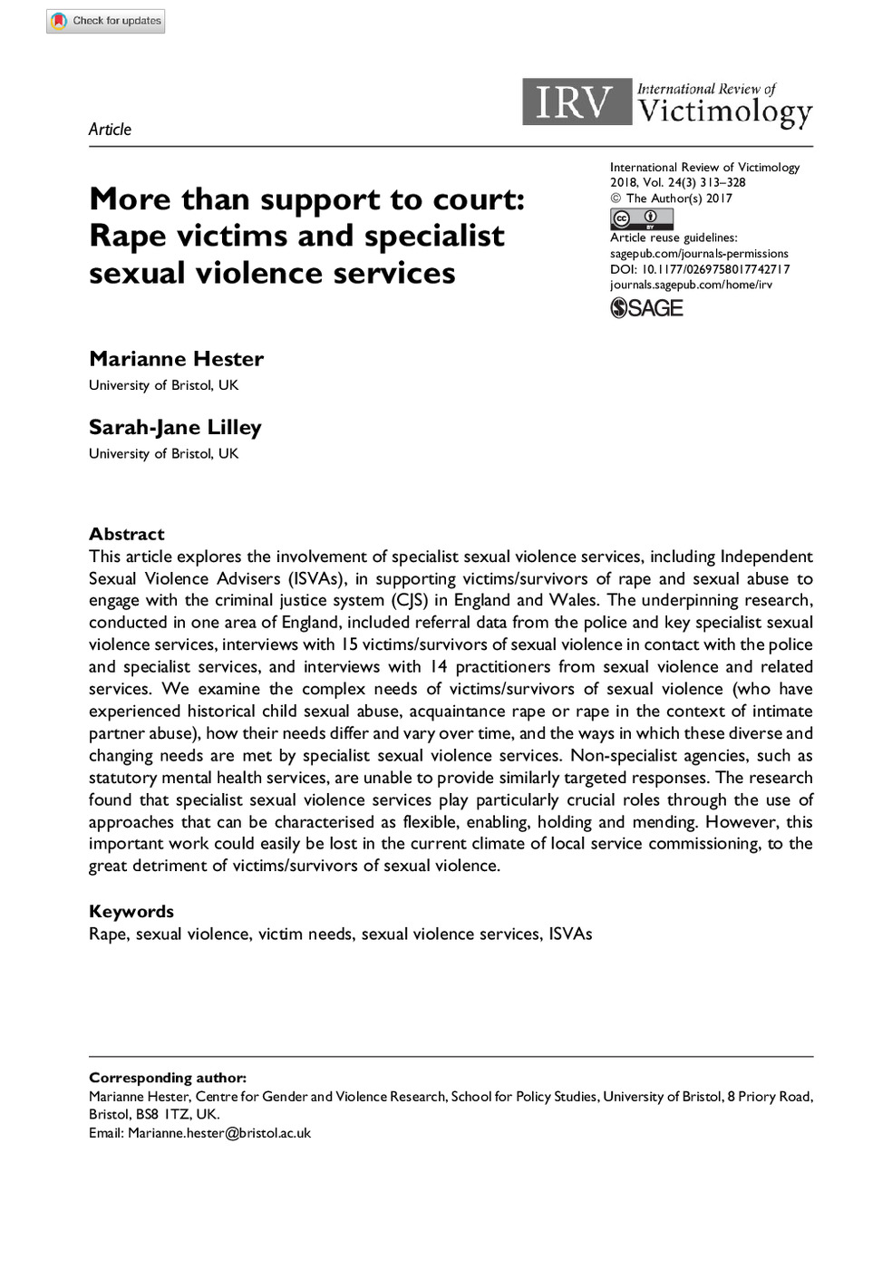 More Than Support to Court: Rape Victims and Specialist Sexual Violence Services 