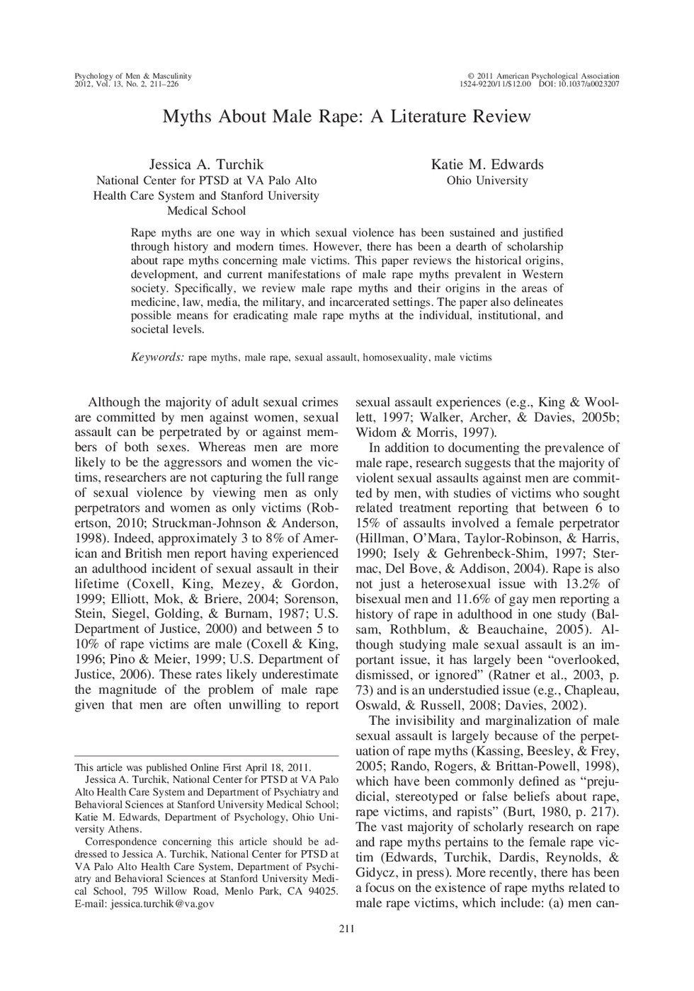 Myths About Male Rape: A Literature Review