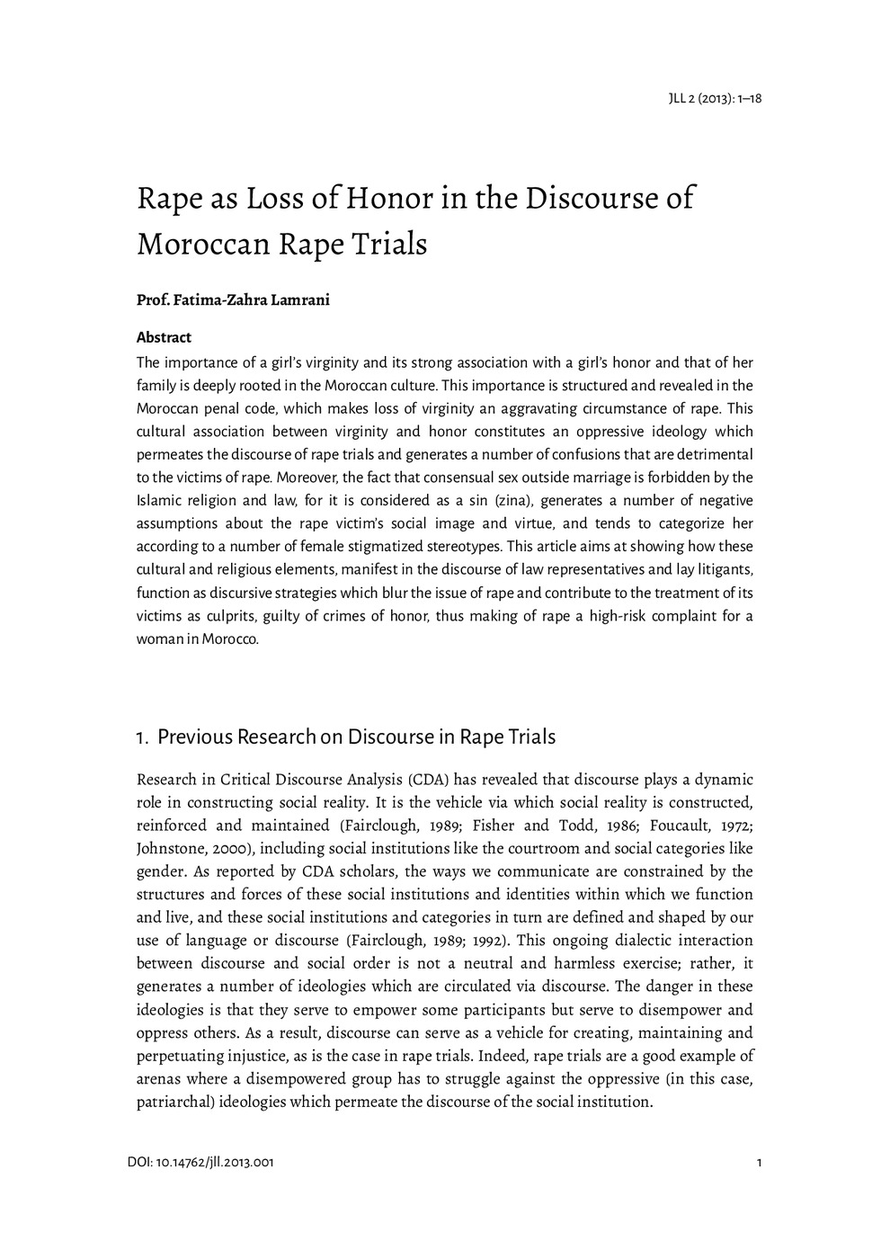 Rape as Loss of Honor in the Discourse of<br /><br />
Moroccan Rape Trials