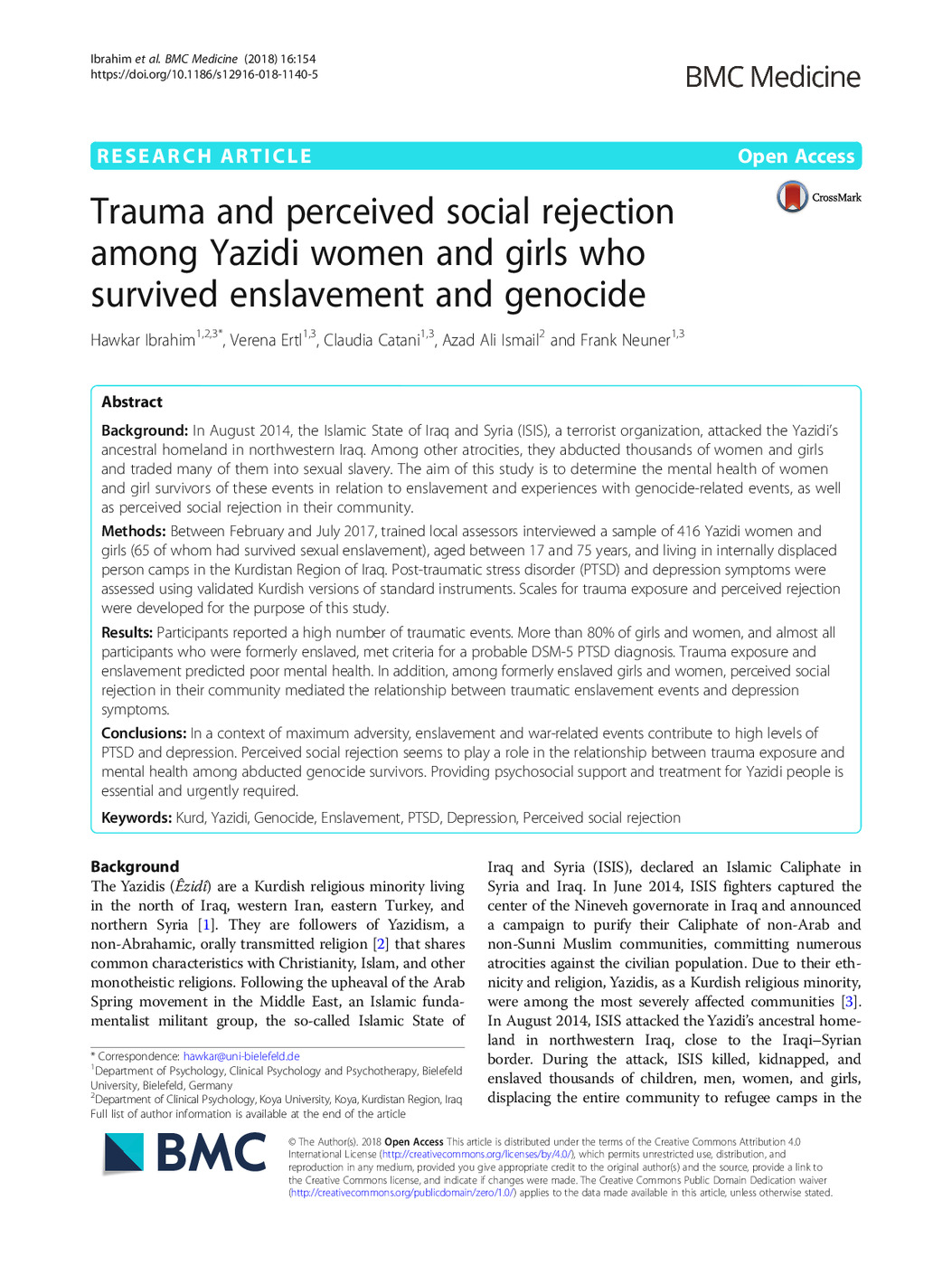 Trauma and Perceived Social Rejection<br /><br />
Among Yazidi Women and Girls who<br /><br />
Survived Enslavement and Genocide