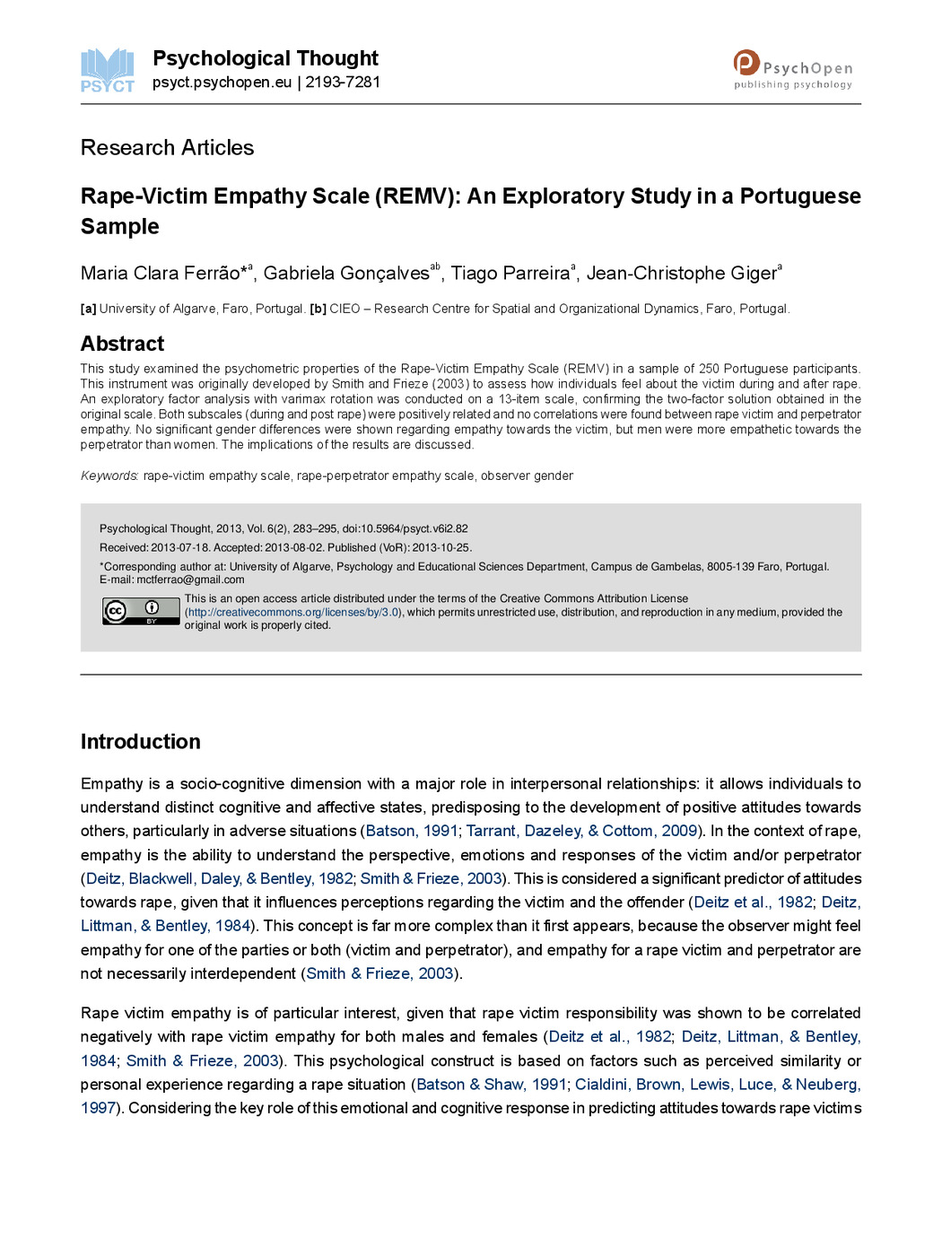 Rape-Victim Empathy Scale (REMV): An Exploratory Study in a Portuguese<br /><br />
Sample