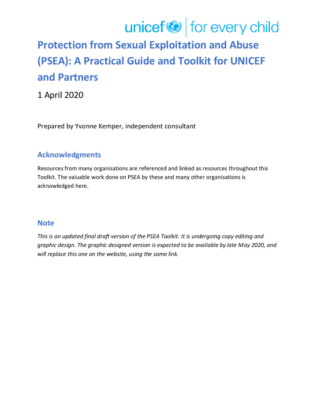 Protection from Sexual Exploitation and Abuse (PSEA): A Practical Guide and Toolkit for UNICEF and Partners