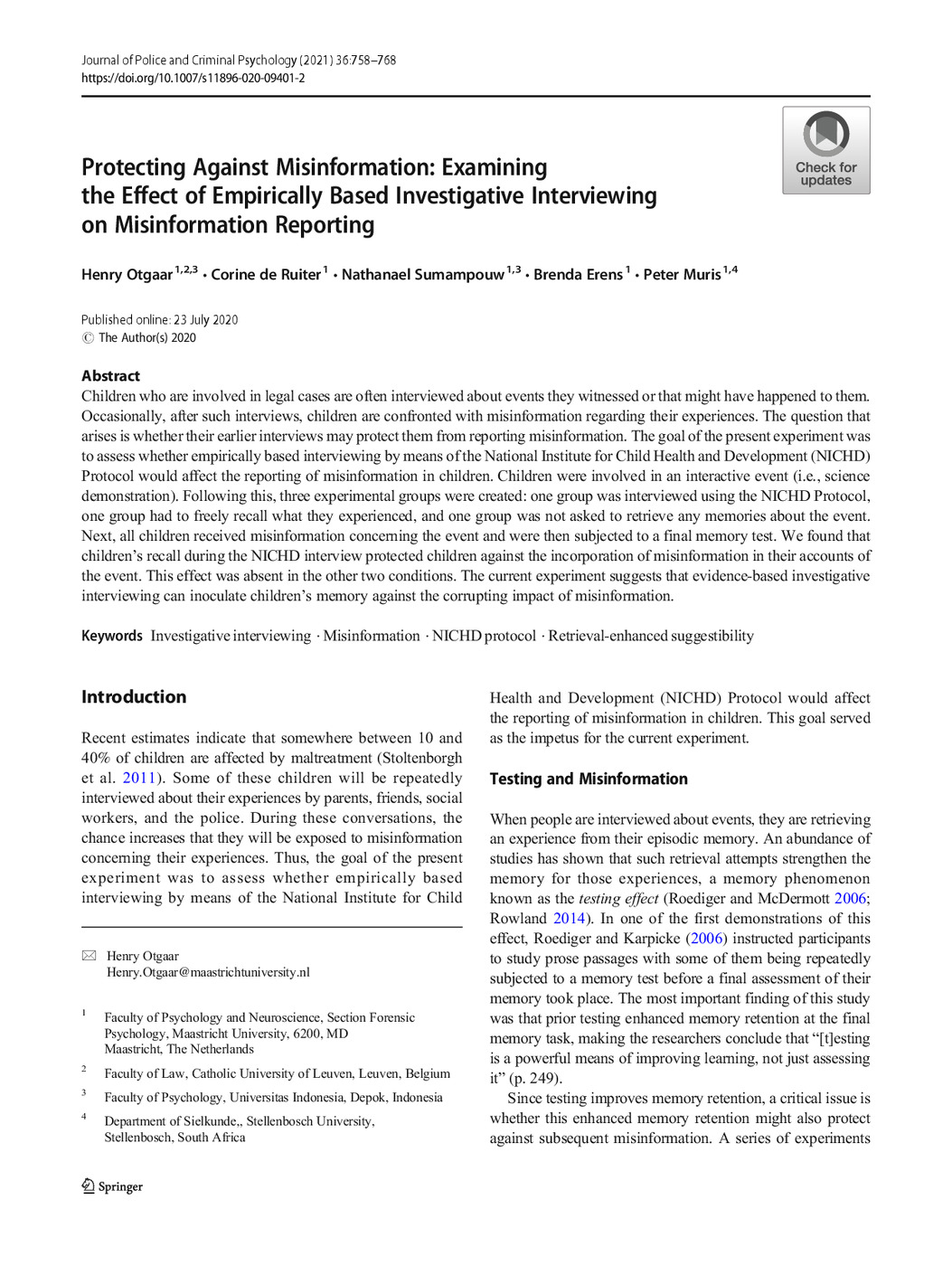Protecting Against Misinformation: Examining the Effect of Empirically-Based Investigative Interviewing on Misinformation Reporting 