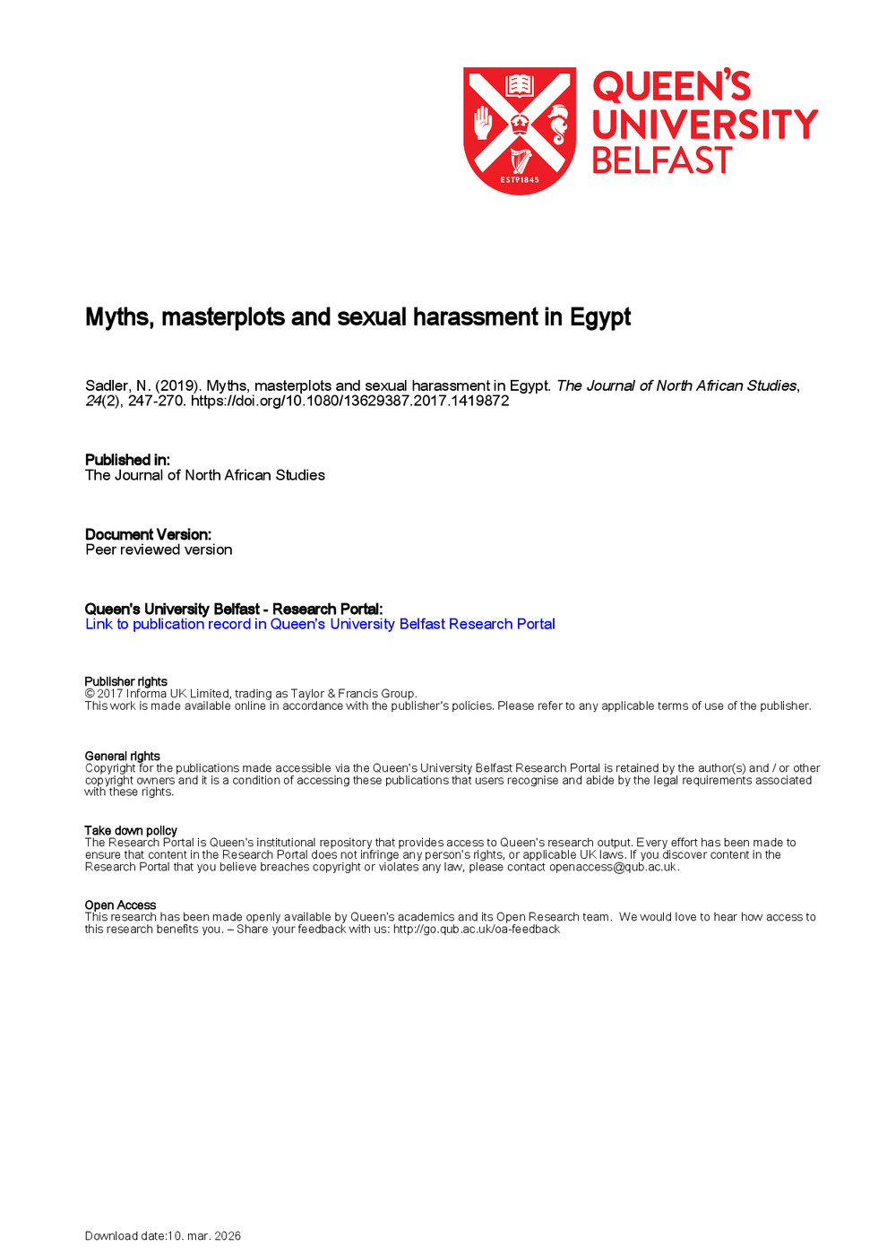 Myths, Masterplots and Sexual Harassment in Egypt