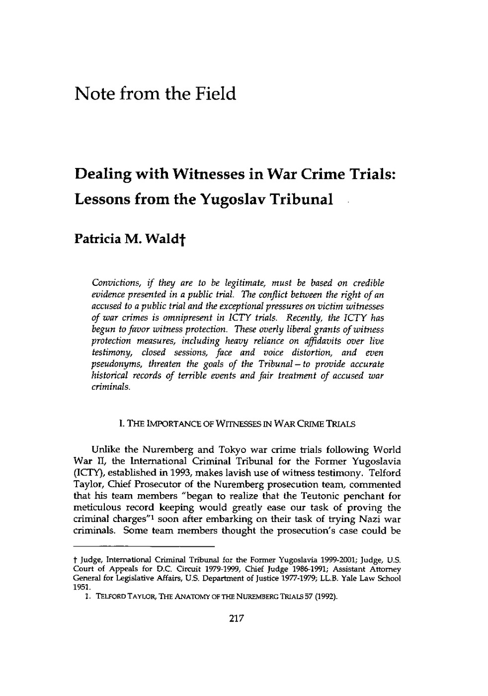 Dealing with Witnesses in War Crime Trials: Lessons from the Yugoslav Tribunal