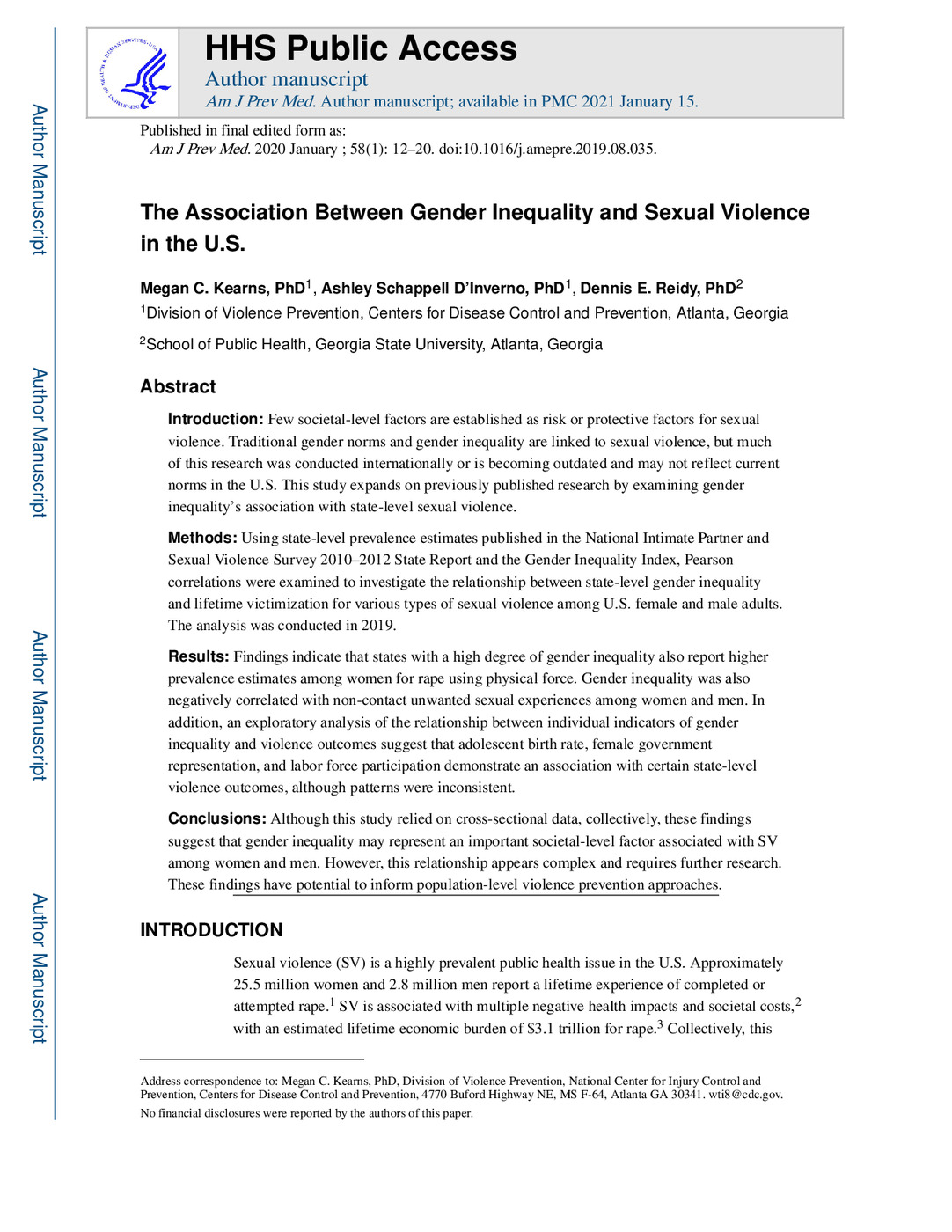 The Association Between Gender Inequality and Sexual Violence in the U.S.