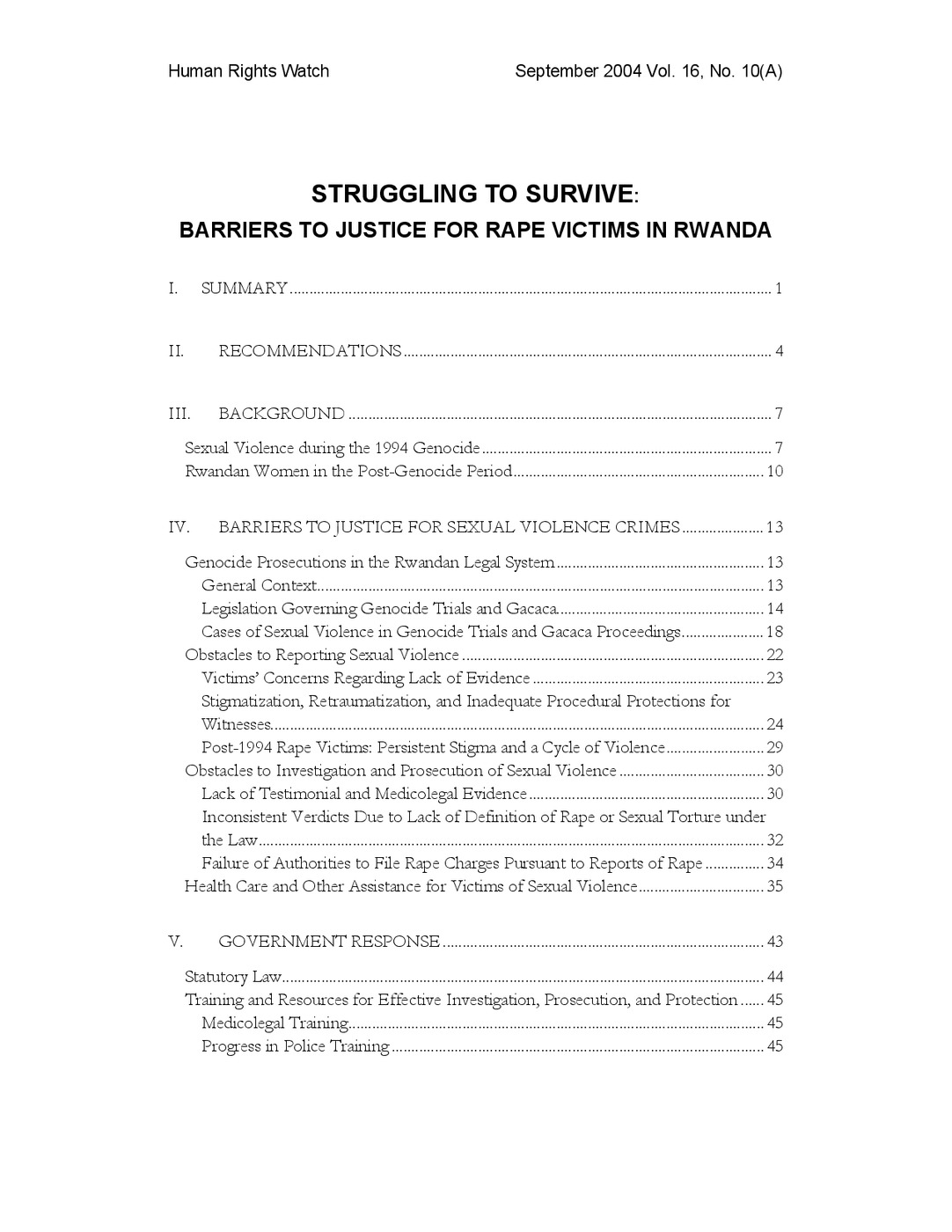 STRUGGLING TO SURVIVE: BARRIERS TO JUSTICE FOR RAPE VICTIMS IN RWANDA