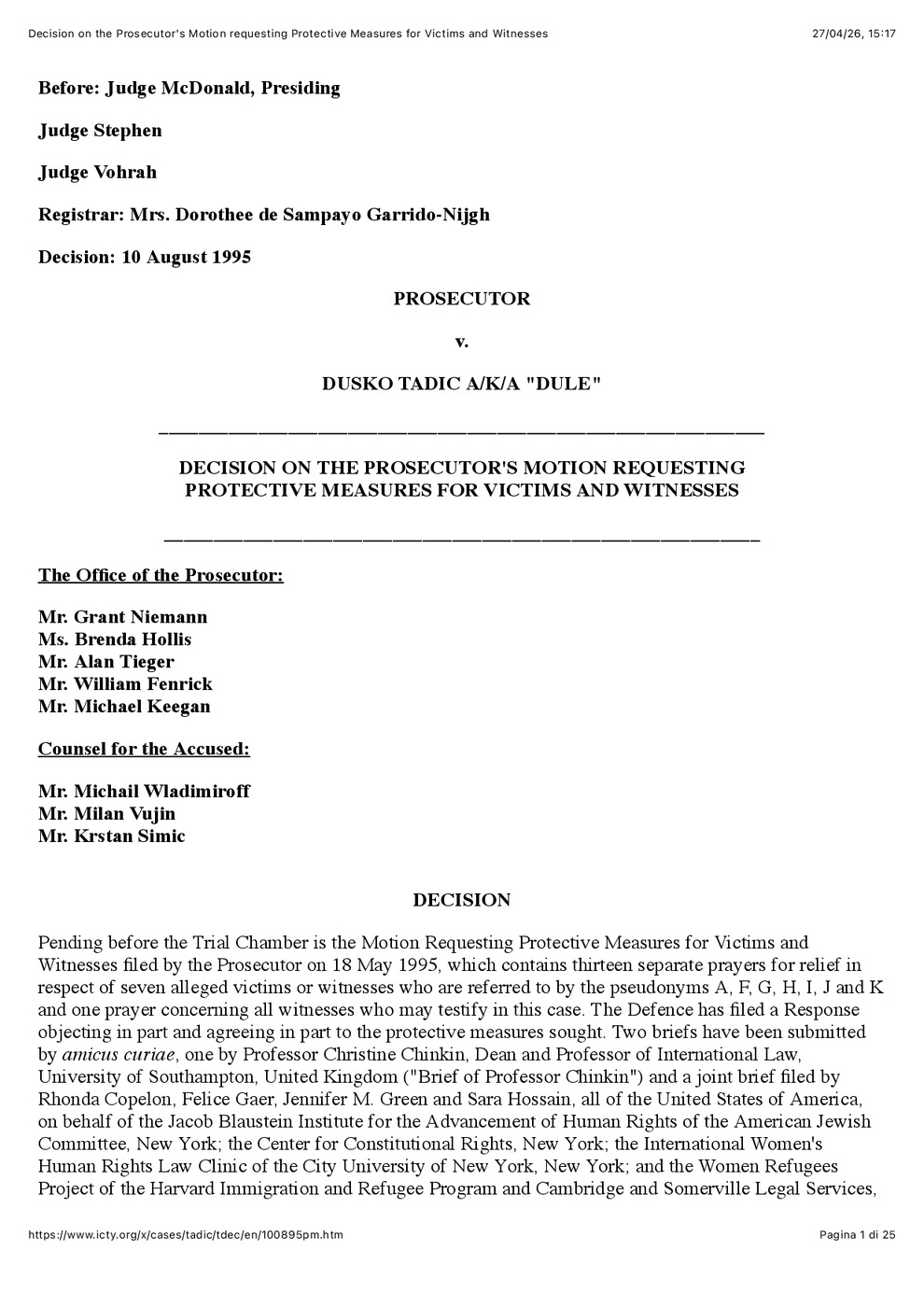  ICTY Prosecutor v. Tadic, Decision on Prosecutor’s Motion Requesting Protective Measures for Victims and Witnesses (10/8/1995)
