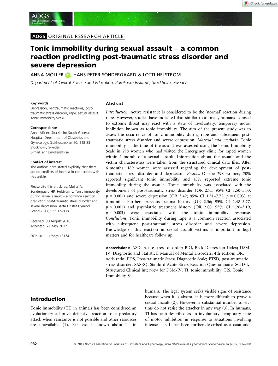 Tonic Immobility During Sexual Assault – a Common Reaction Predicting Post-Traumatic Stress Disorder and Severe Depression