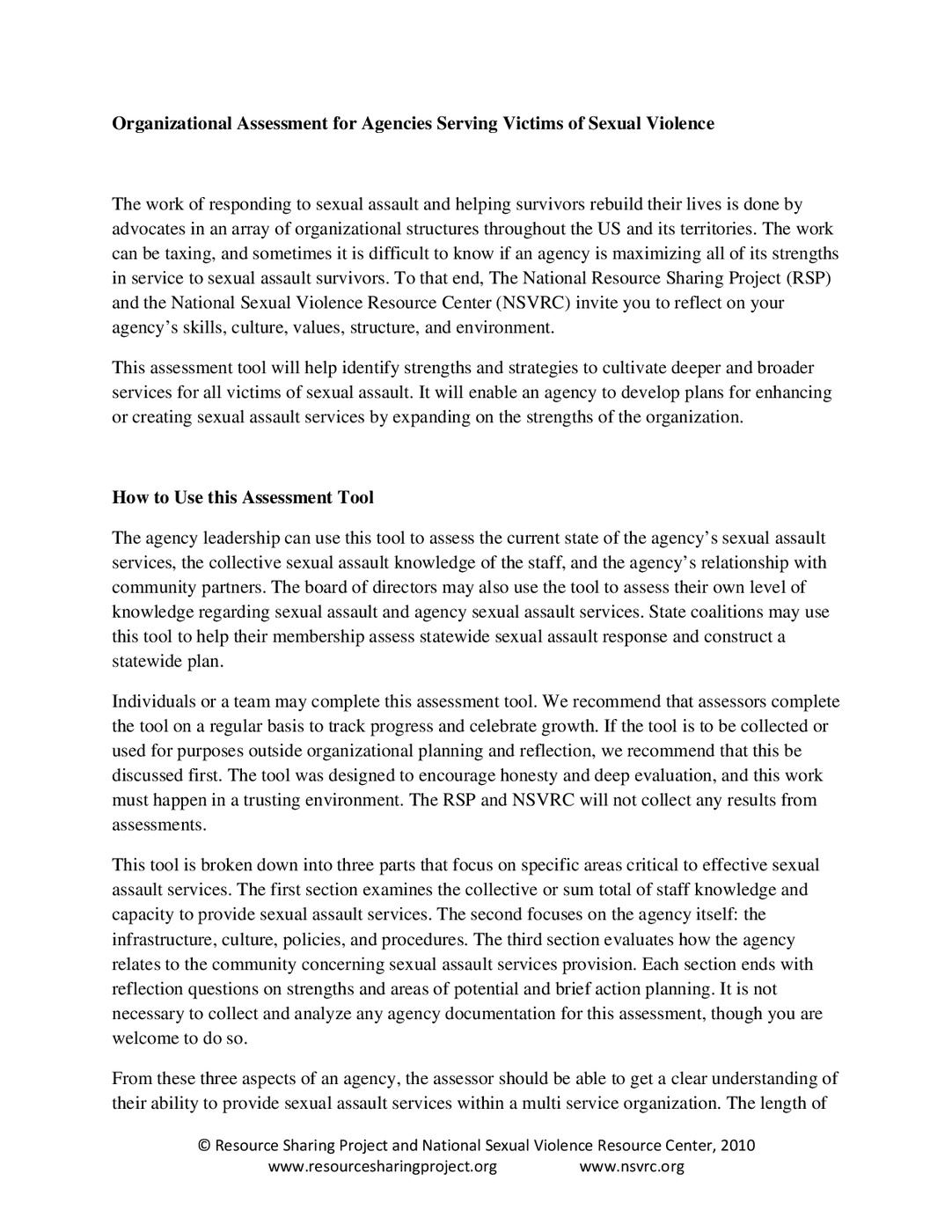 Organizational Assessment for Agencies Serving Victims of Sexual Violence
