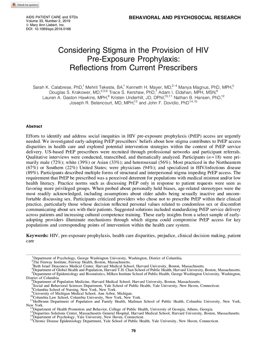 Considering Stigma in the Provision of HIV Pre-Exposure Prophylaxis: Reflections from Current Prescribers