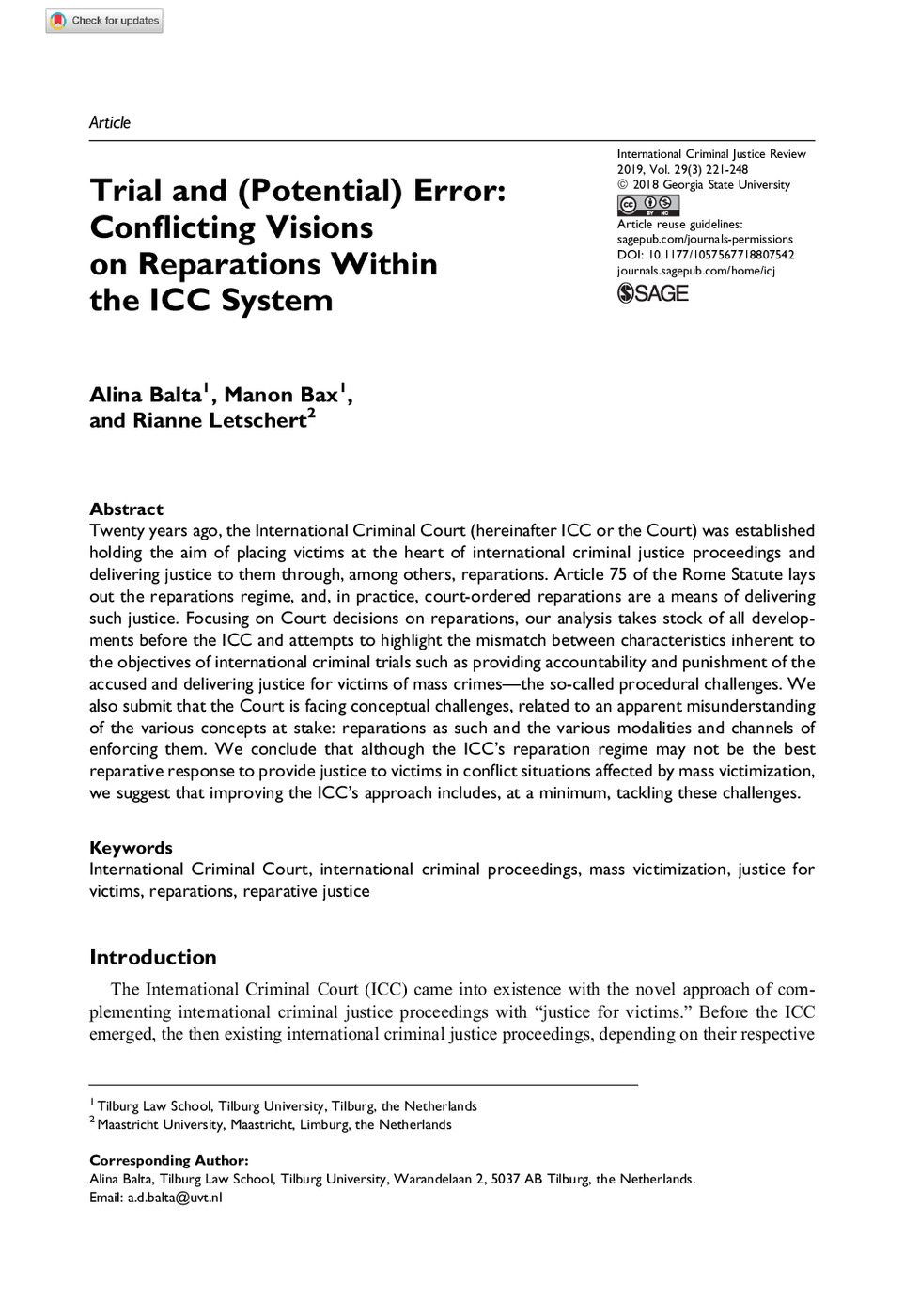 Trial and (Potential) Error: Conflicting Visions on Reparations Within the ICC System