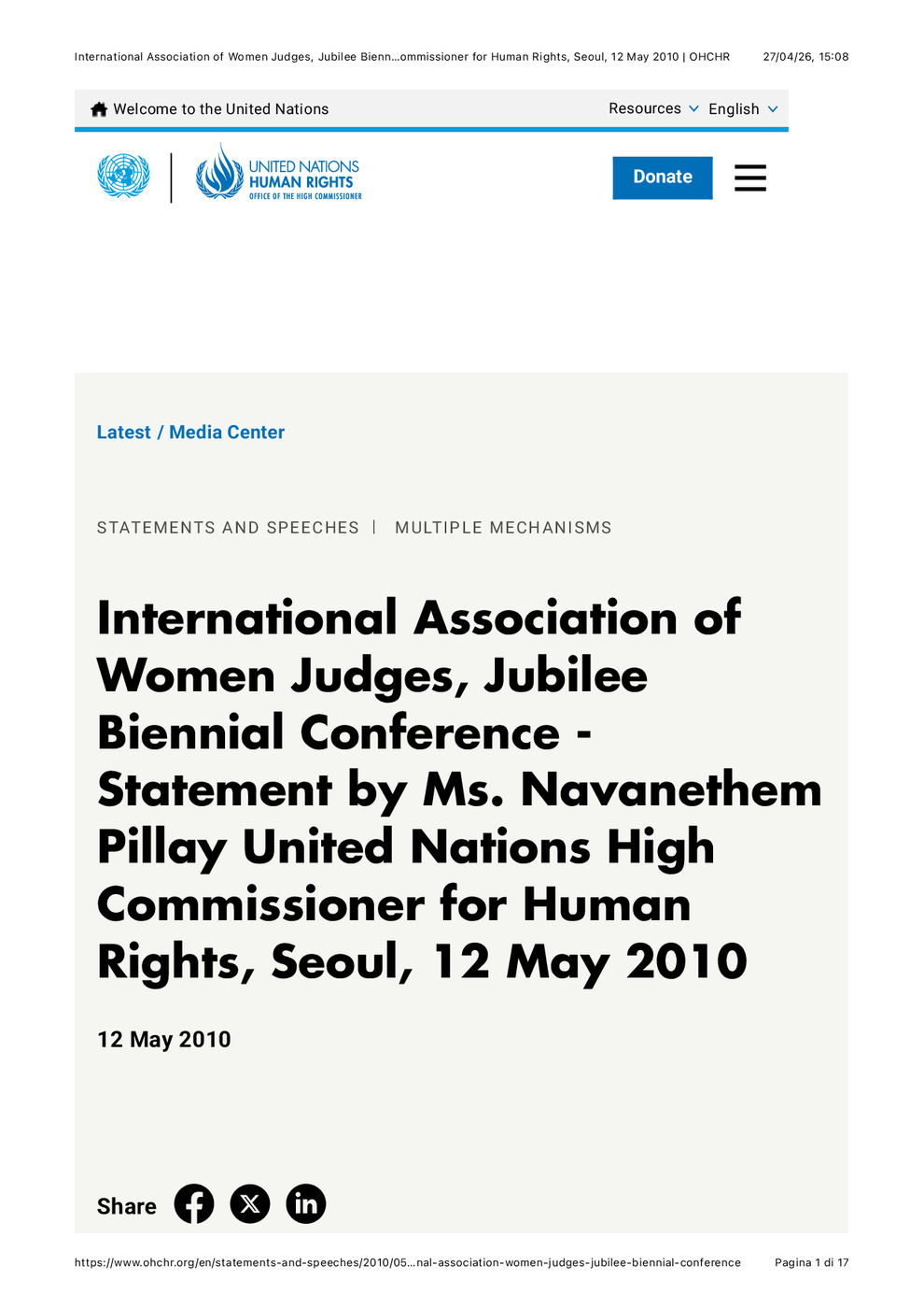 Jubilee Biennial Conference: Statement by Ms. Navanethem Pillay