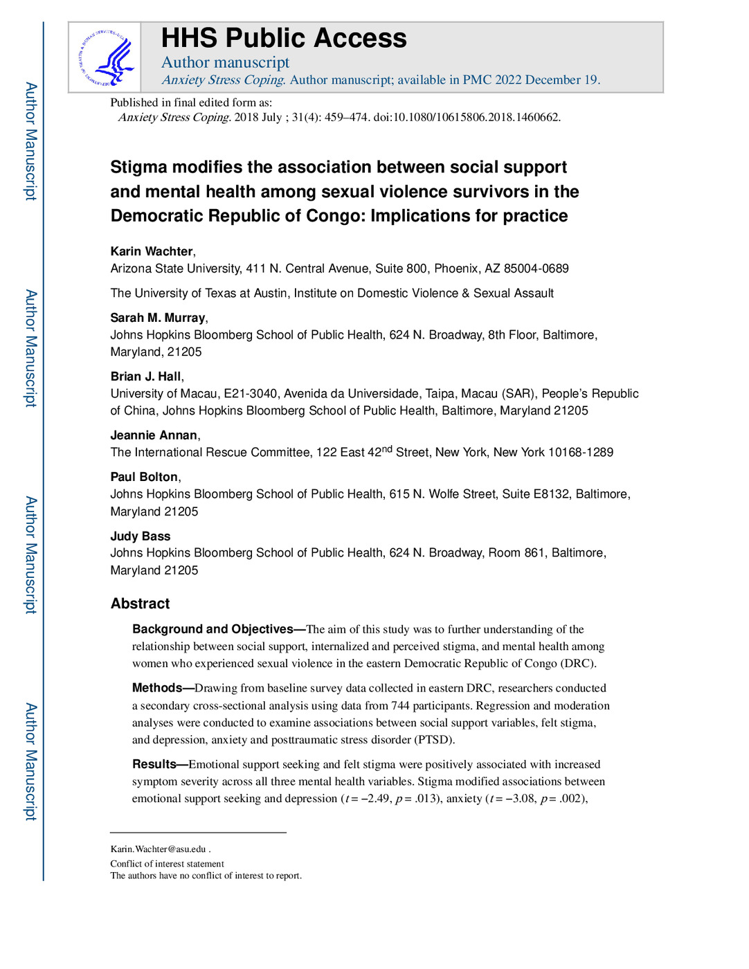 Stigma Modifies the Association Between Social Support and Mental Health Among sexual Violence Survivors in the Democratic Republic of Congo: Implications for Practice