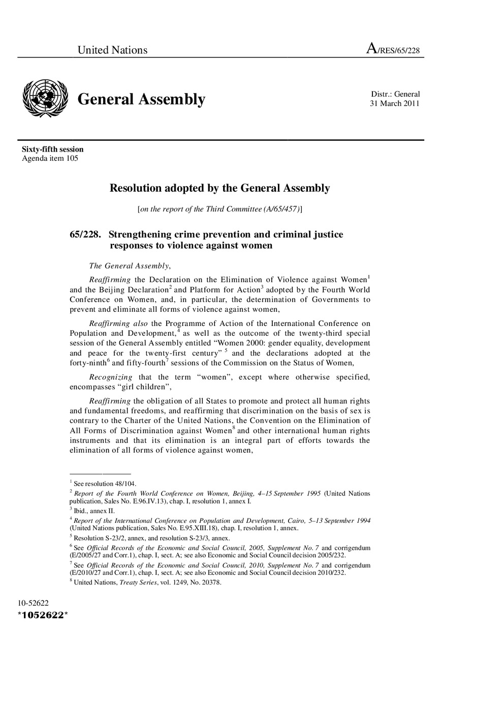Resolution adopted by the General Assembly-Strengthening crime prevention and criminal justice<br /><br />
responses to violence against women
