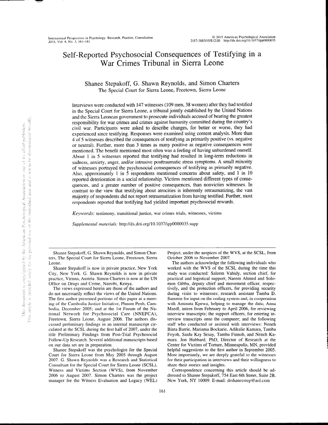 Self-Reported Psychosocial Consequences of Testifying in a War Crimes Tribunal in Sierra Leone 