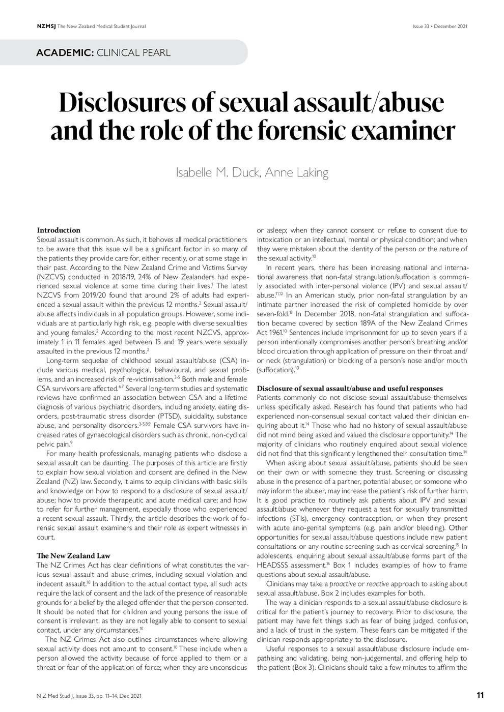 Disclosures of sexual assault/abuse and the role of the forensic examiner