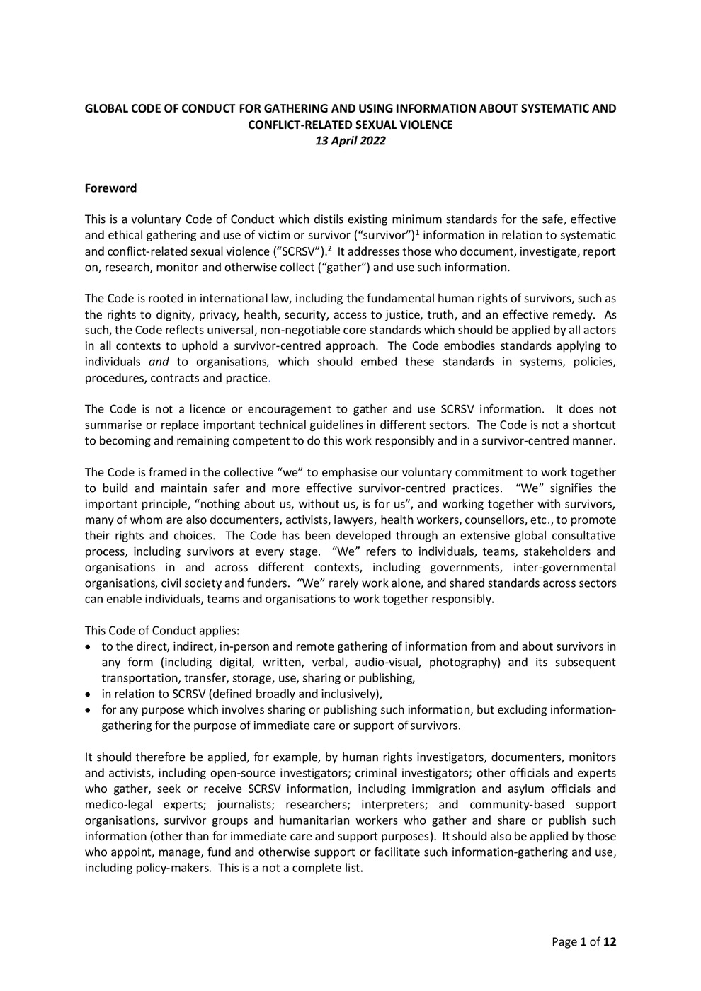 The Global Code of Conduct for Gathering and Using Information about Systematic and Conflict-Related Sexual Violence (the “Murad Code”) 