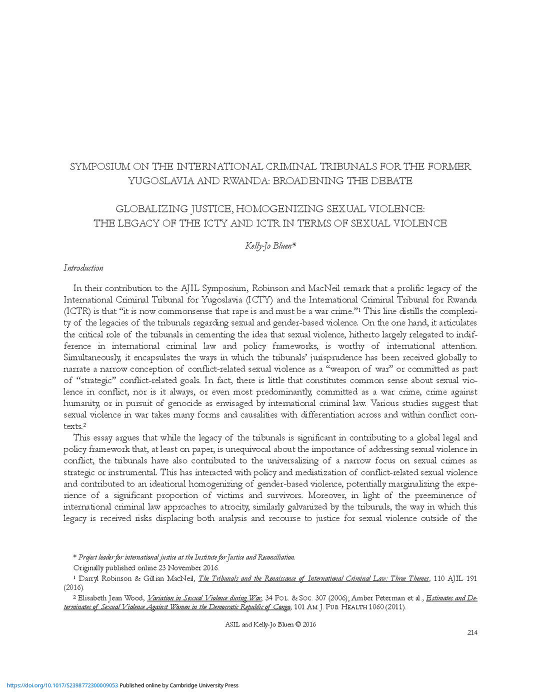 Globalizing Justice, Homogenizing Sexual Violence: Legacy of the ICTY and ICTR in Terms of Sexual Violence 