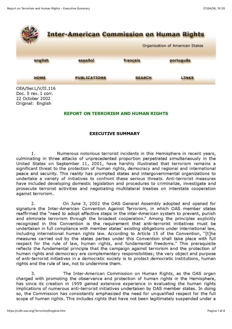 Report on Human Rights and Terrorism OEA/Ser.L/V/II.116 Doc.5rev.1corr.