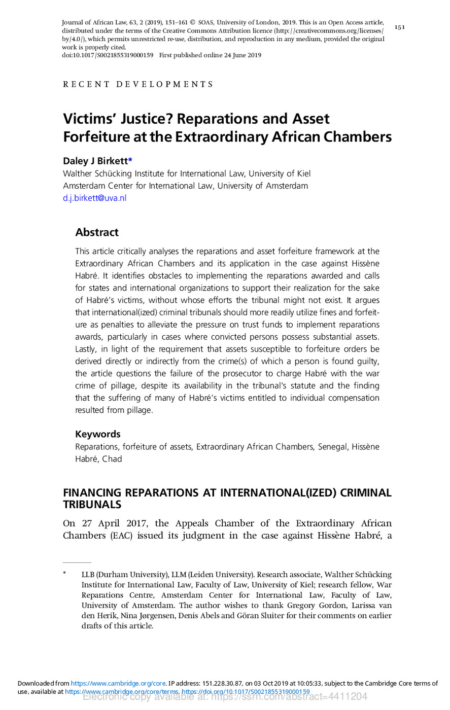Victims' Justice? Reparations and Asset Forfeiture at the Extraordinary African Chambers 