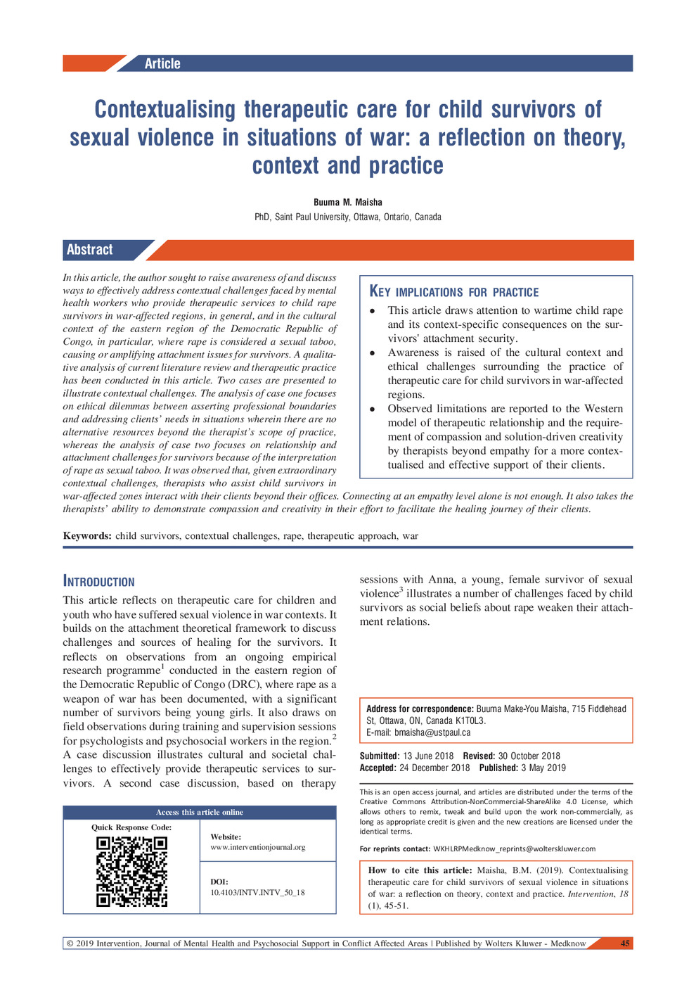 Contextualising Therapeutic Care for Child Survivors of Sexual Violence in Situations of War: A Reflection on Theory, Context and Practice