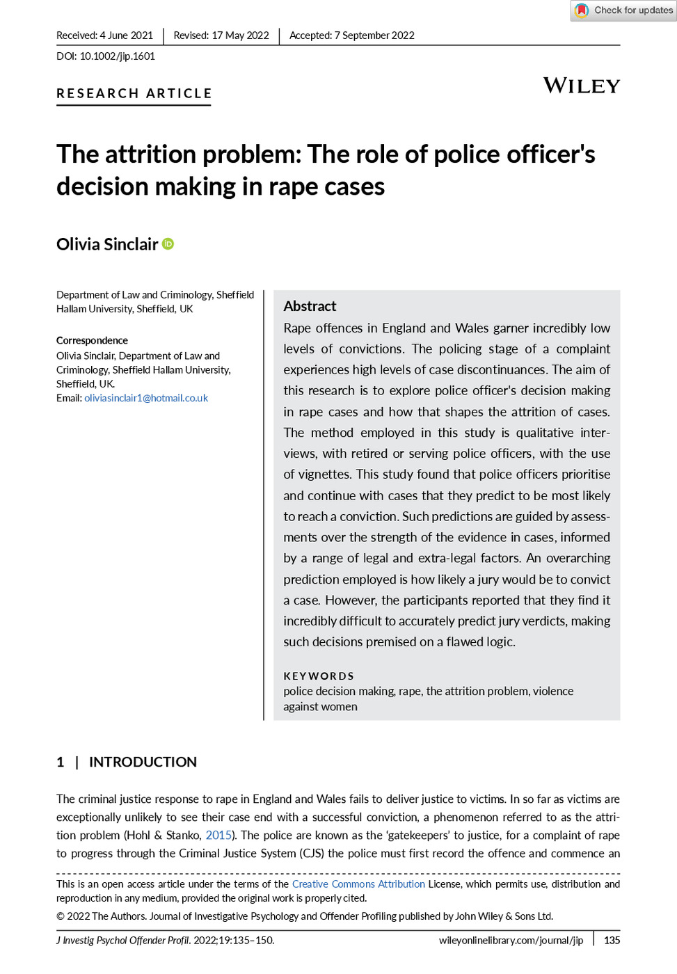 The Attrition Problem: The Role of Police Officer's Decision Making in Rape Cases