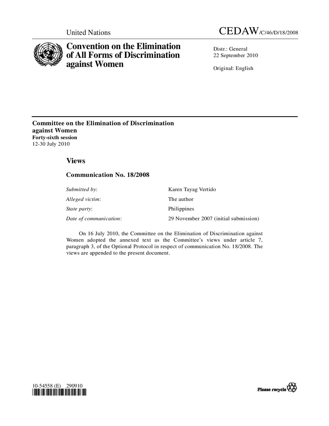 Tayag Vertido v. Philippines, Views Communication No. 18/2008