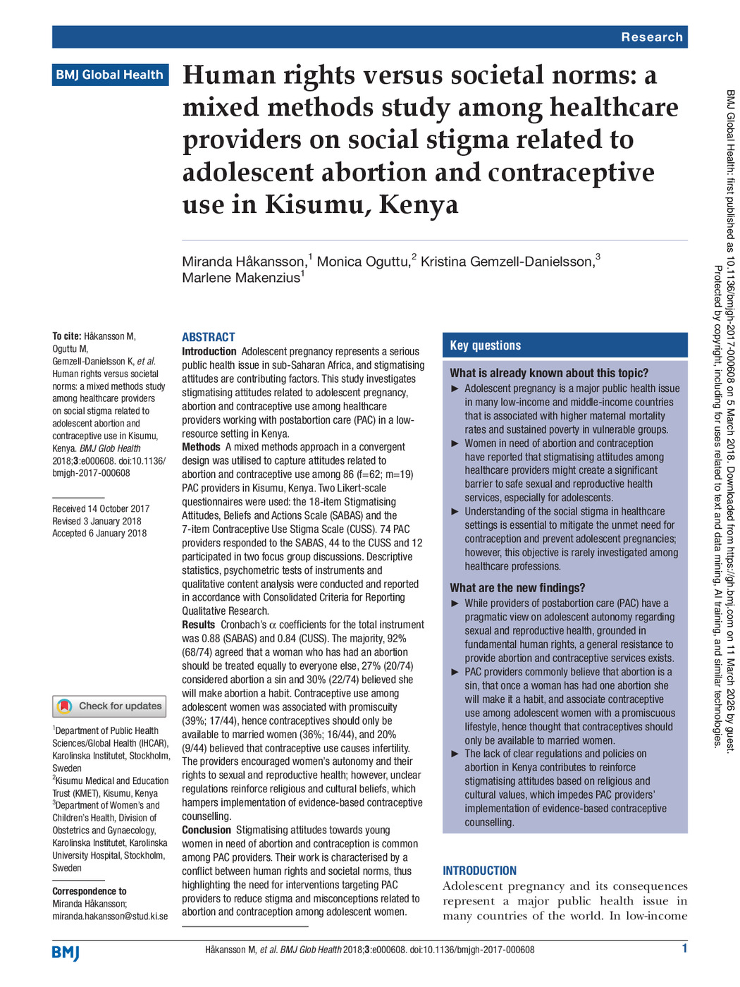Human rights versus societal norms: a mixed methods study among healthcare providers on social stigma related to adolescent abortion and contraceptive use in Kisumu, Kenya
