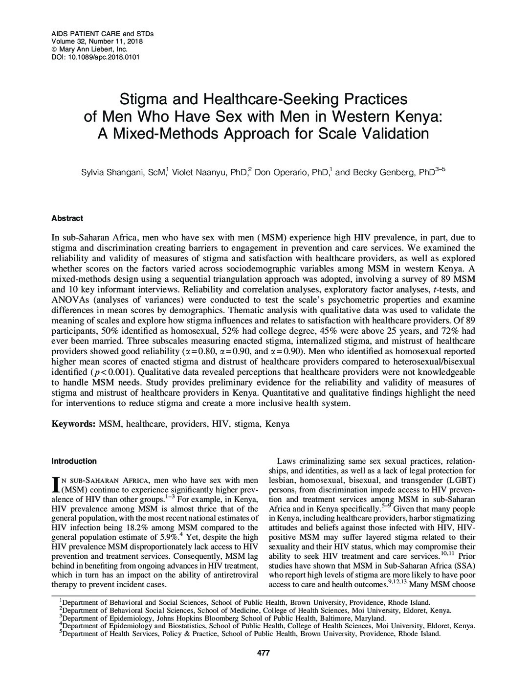 Stigma and Healthcare-Seeking Practices of Men Who Have Sex with Men in Western Kenya: A Mixed-Methods Approach for Scale Validation