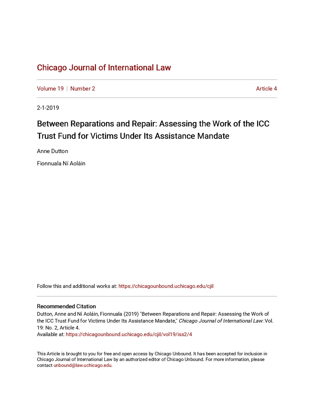 Between Reparations and Repair: Assessing the Work of the ICC Trust Fund for Victims Under Its Assistance Mandate 