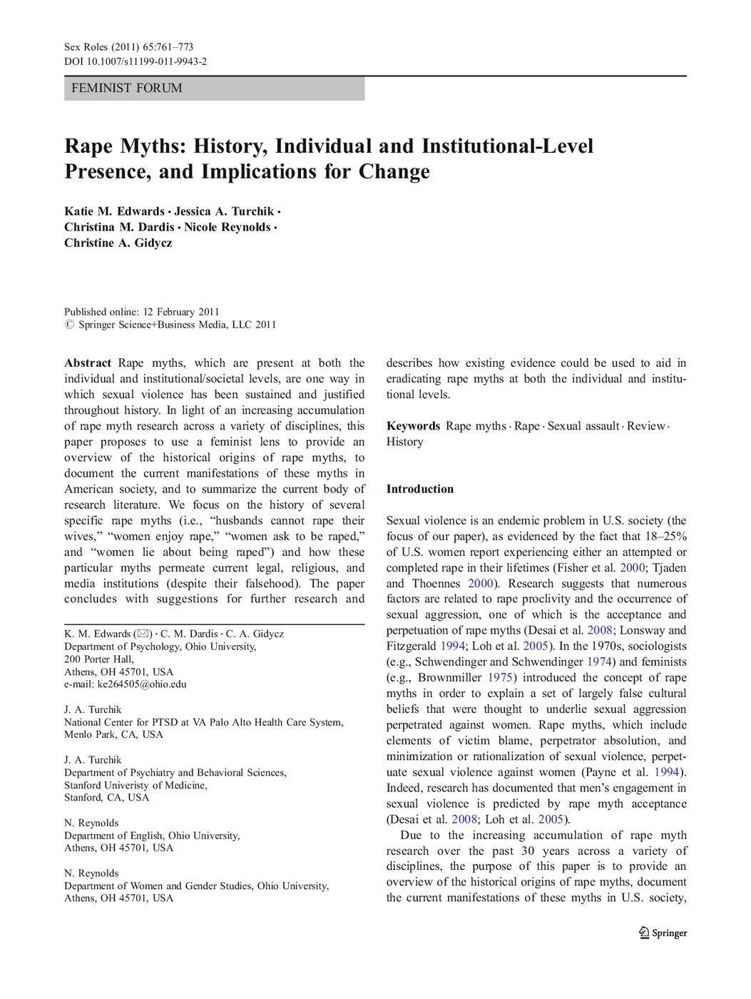 Rape Myths: History, Individual and Institutional-Level Presence, and Implications for Change
