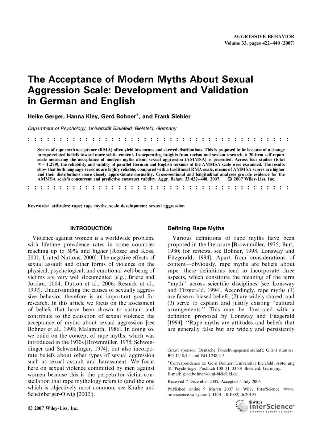 The Acceptance of Modern Myths About Sexual Aggression Scale: Development and Validation in German and English 