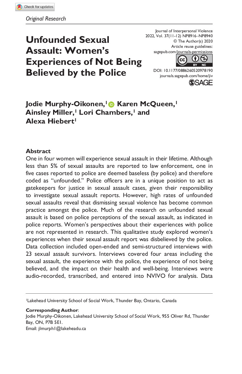 Unfounded Sexual Assault: Women's Experiences of Not Being Believed by the Police 