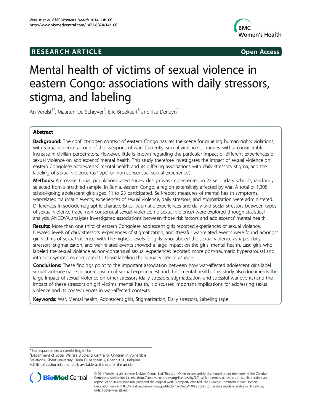 Mental Health of Victims of Sexual Violence in Eastern Congo: Associations with Daily Dtressors, Stigma, and Labeling