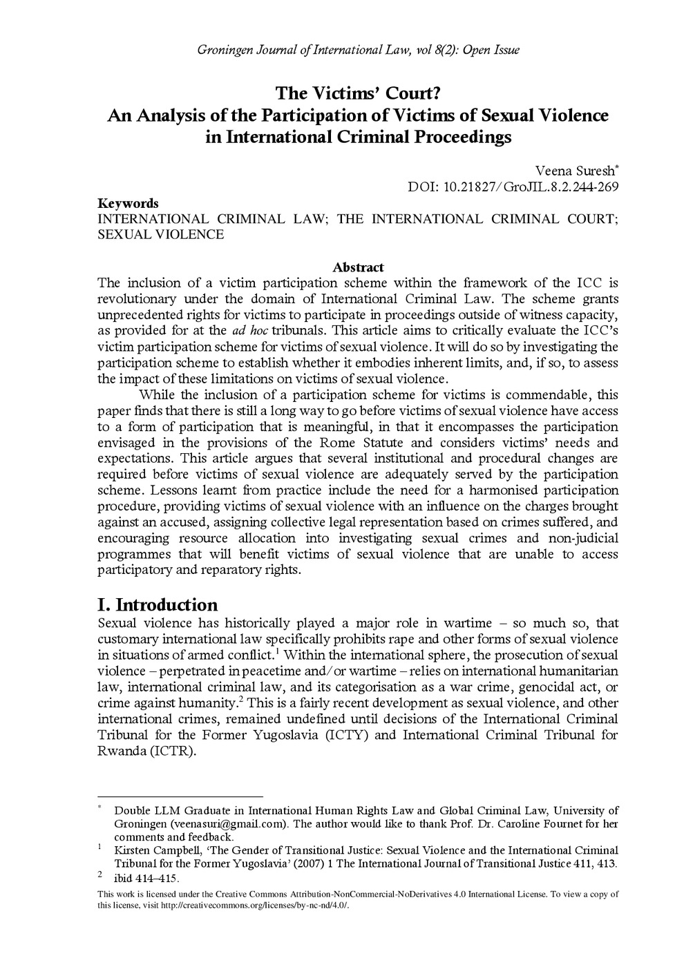 The Victims' Court? An Analysis of the Participation of Victims of Sexual Violence in International Criminal Porceedings
