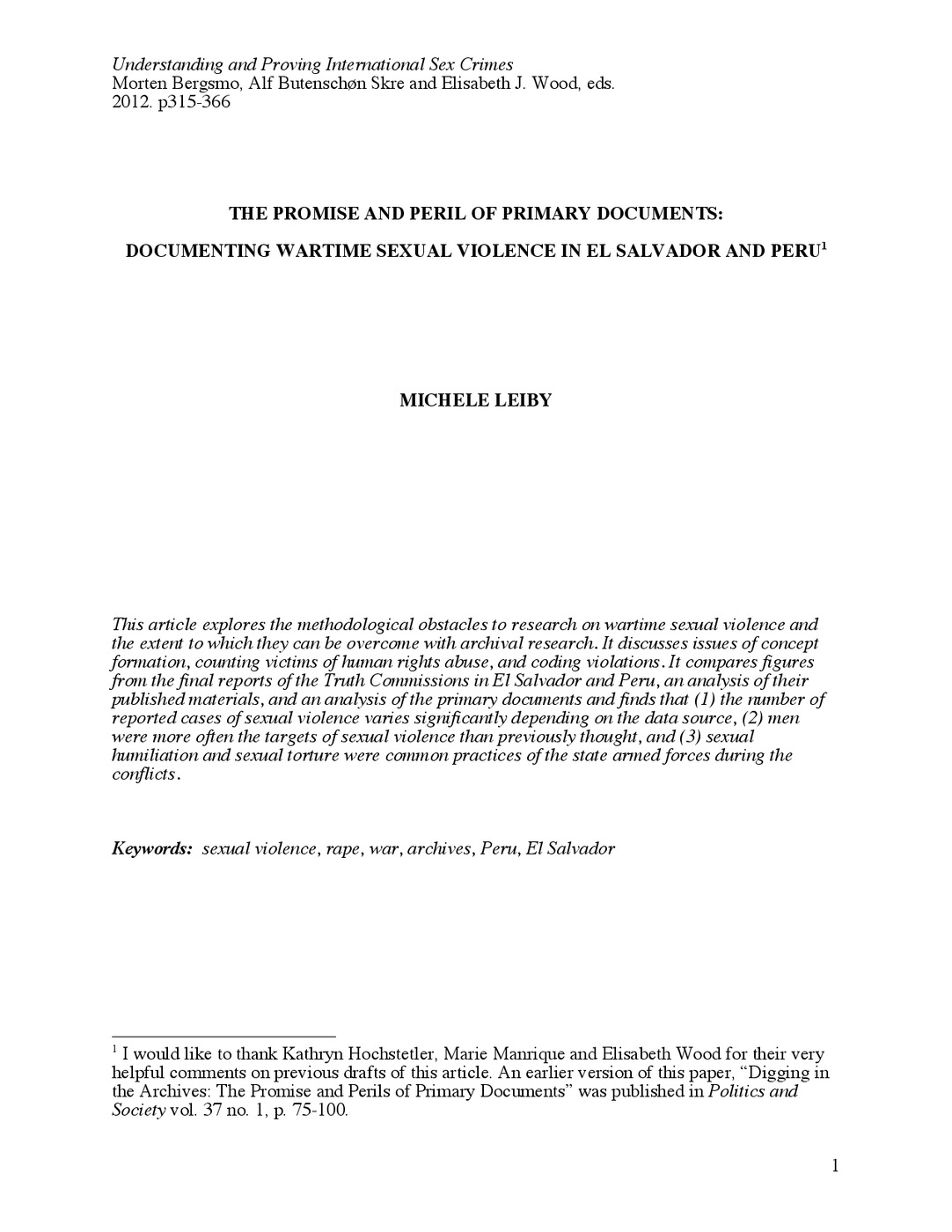 The Promise and Peril of Primary Documents: Documenting Wartime Sexual Violence in El Salvador and Peru