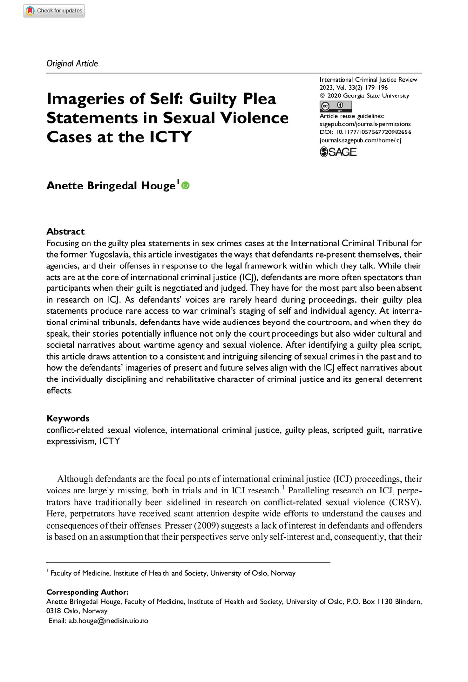 Imageries of Self: Guilty Plea Statements in Sexual Violence Cases at the ICTY