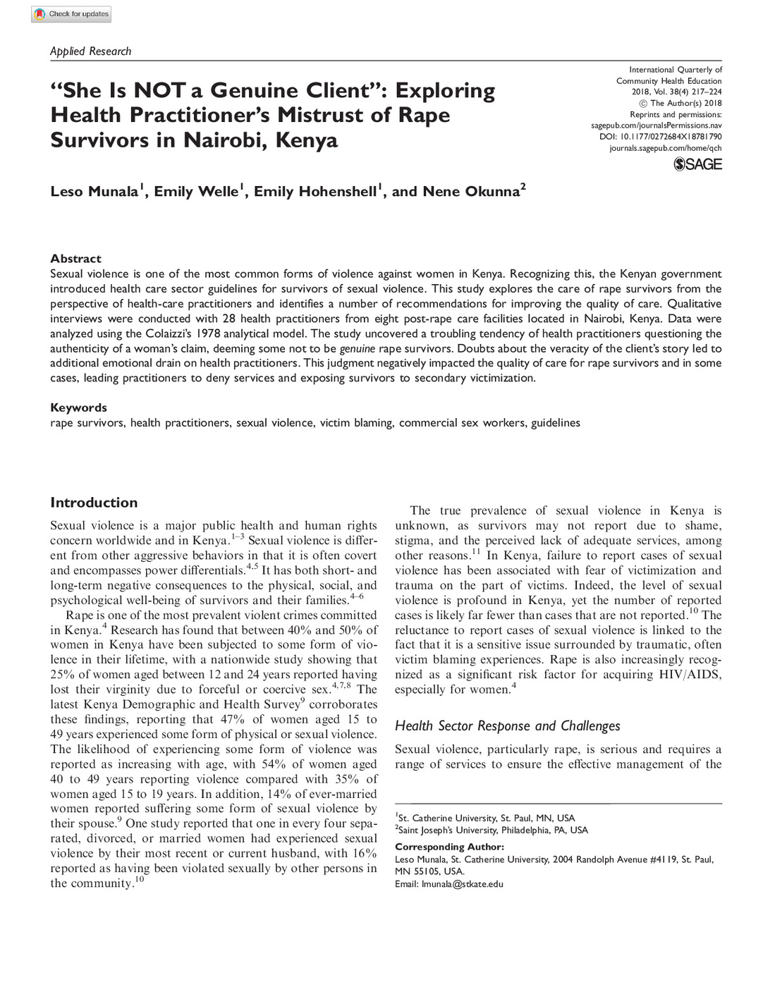 ‘‘She Is NOT a Genuine Client’’: Exploring Health Practitioner’s Mistrust of Rape Survivors in Nairobi, Kenya