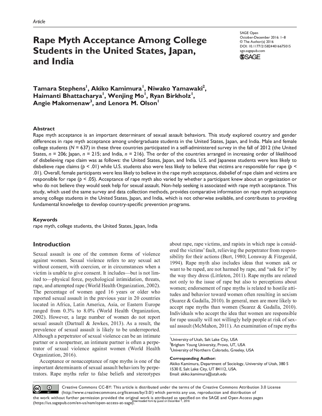 Rape Myth Acceptance Among College<br /><br />
Students in the United States, Japan,<br /><br />
and India