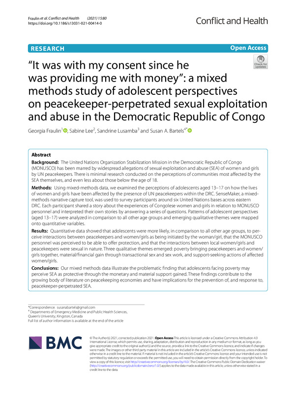 "It Was With my Consent Since He was Providing me With Money": a Mixed Methods Study of Adolescent Perspectives on Peacekeeper-perpetrated Sexual Exploitation and Abuse in the Democratic Republic of Congo