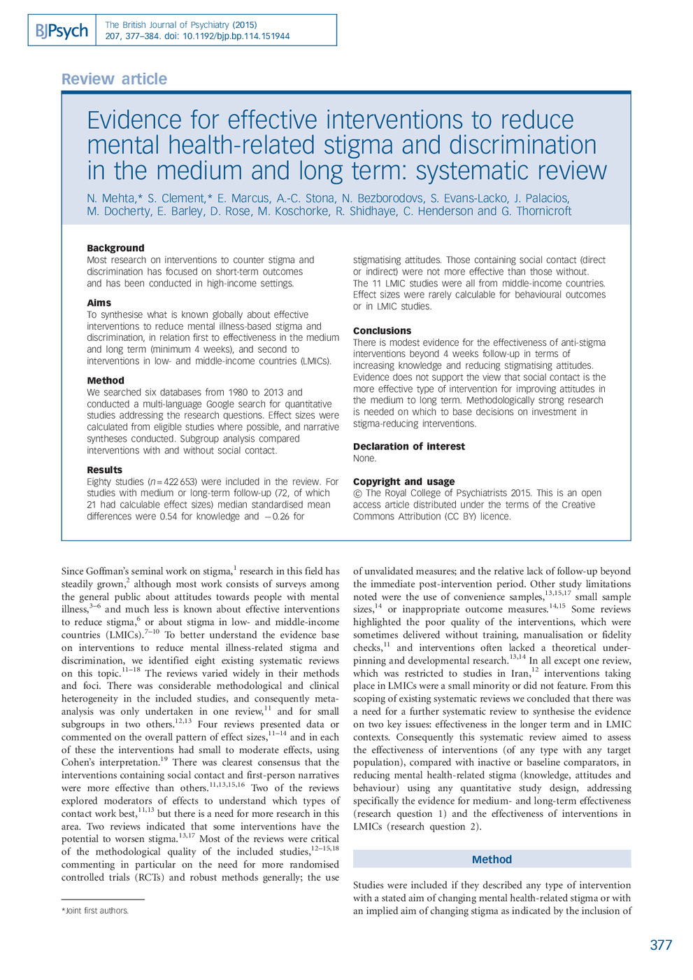 Evidence for Effective Interventions to Reduce Mental Health-Related Stigma and Discrimination