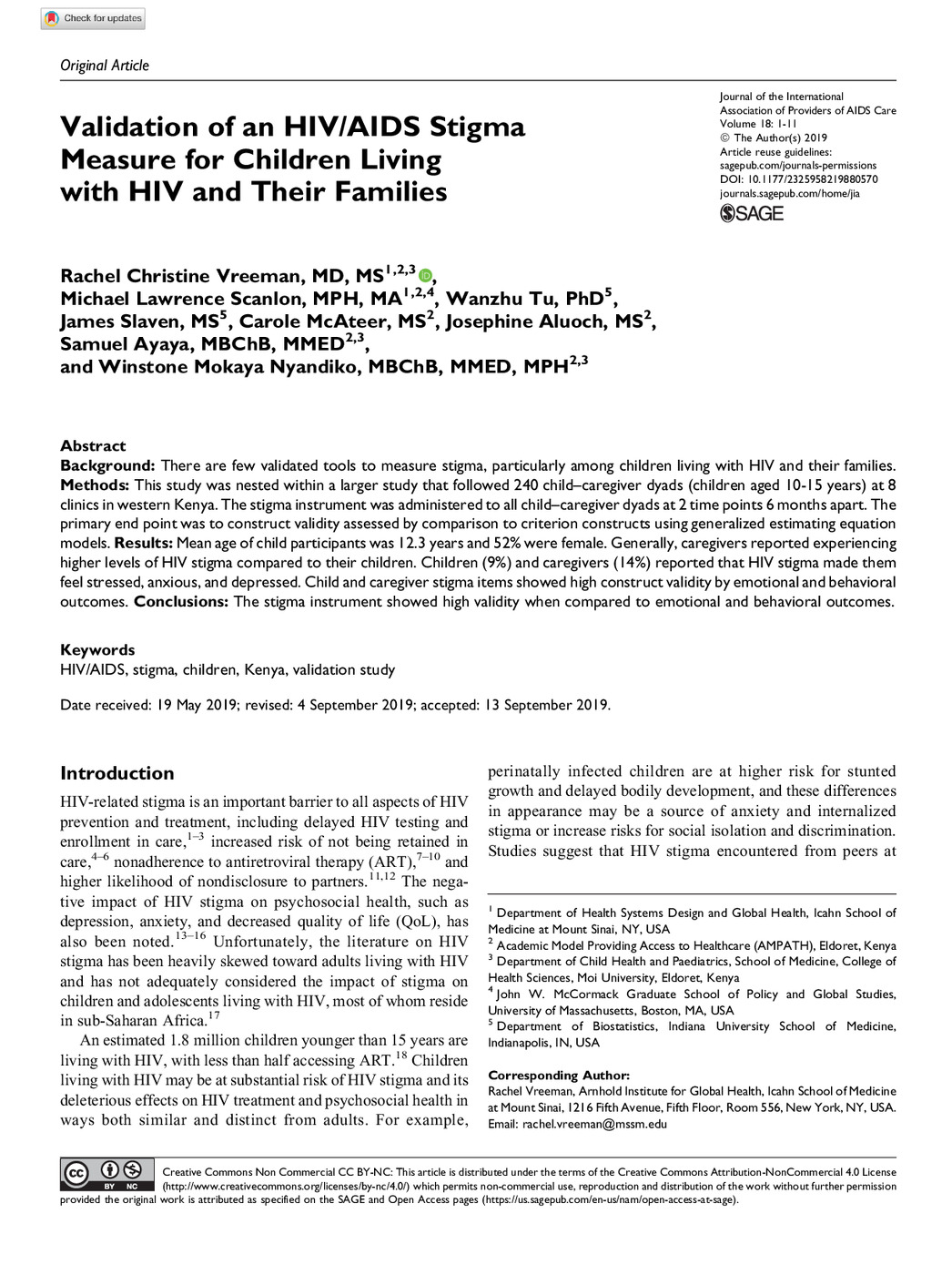Validation of HIV/AIDS Stigma Measure for Children Living with HIV and Their Families 