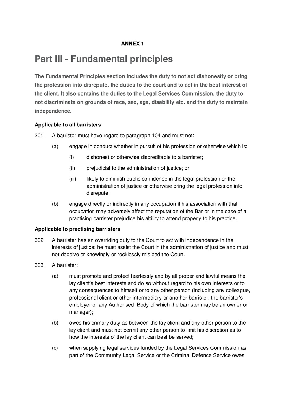 Annex 1: Part III — Fundamental Principles, Principle 302