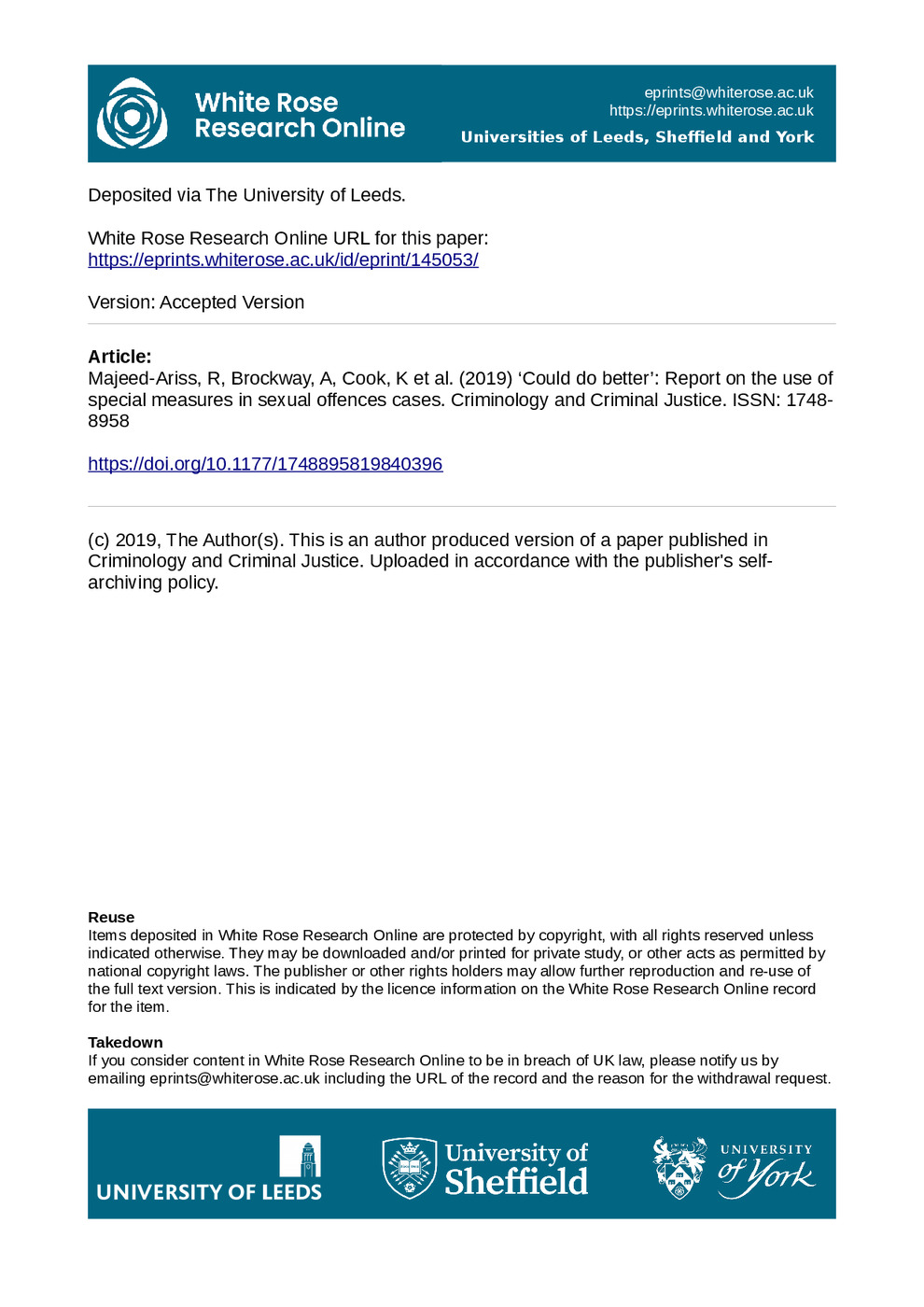 “Could do better”: Report on the use of special measures in sexual offences cases