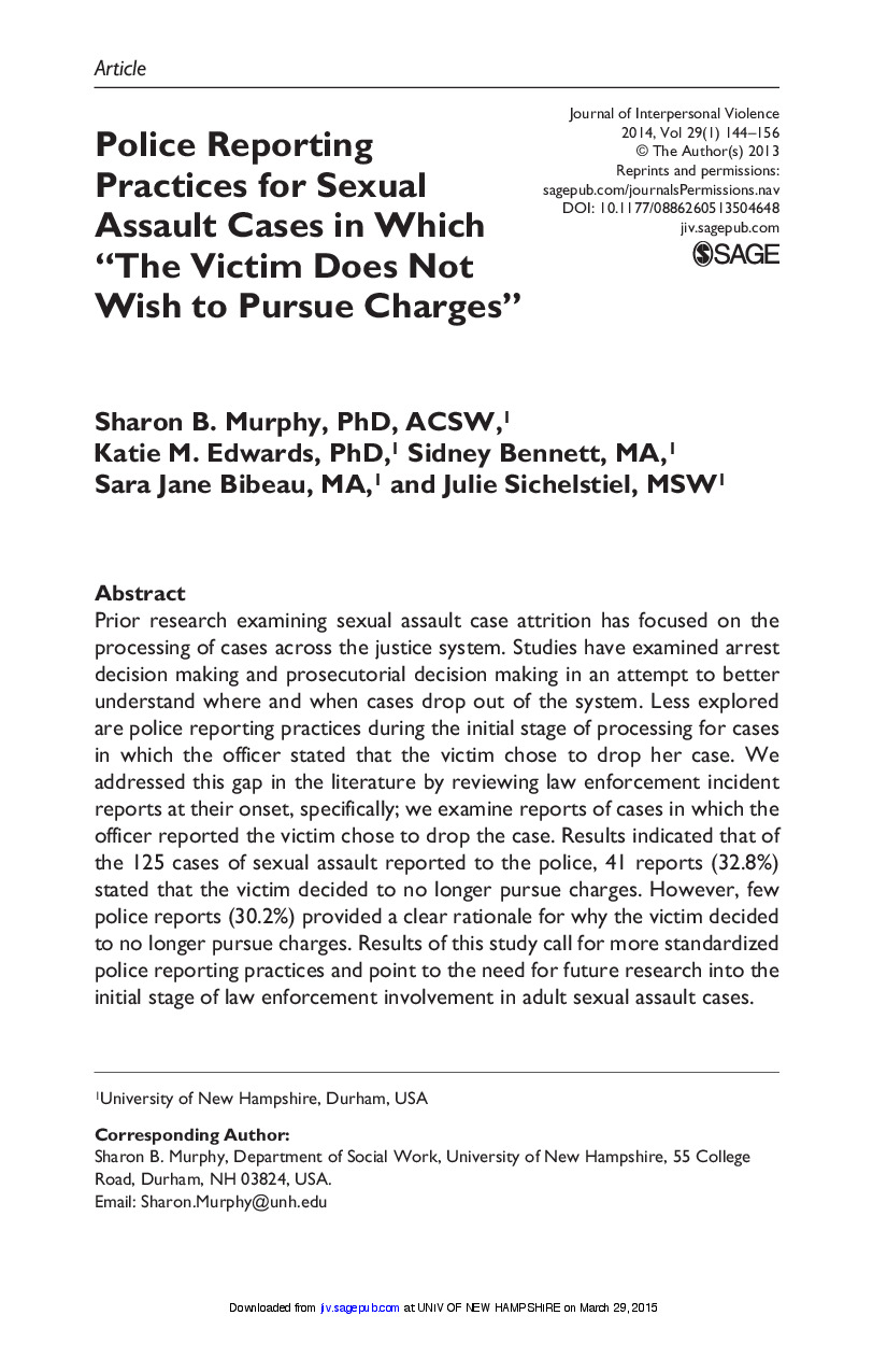 Police Reporting Practices for Sexual Assault Cases in Which 'The Victim Does Not Wish to Pursue Charges' 