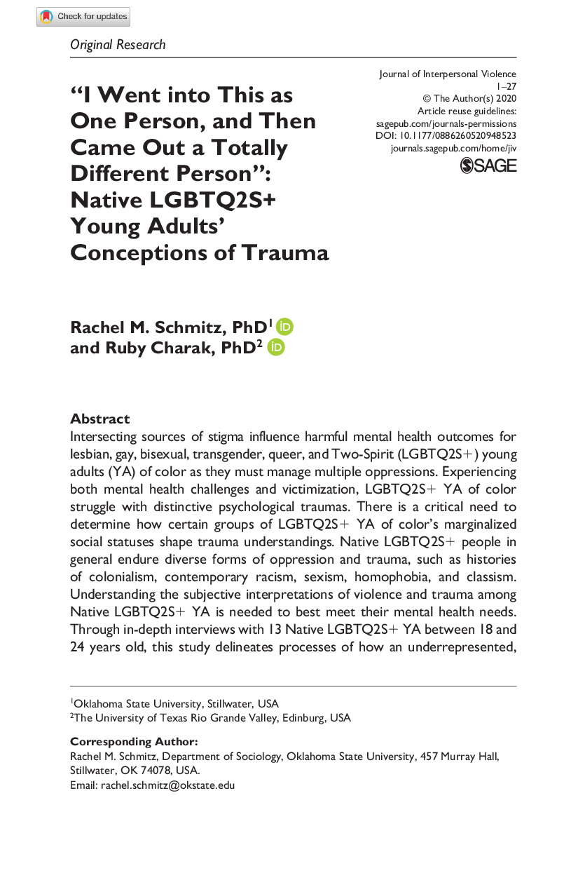 "I Went into This as One Person and Then Came Out a Totally Different Person": Native LGBTQ2S Young Adults' Conceptions of Trauma