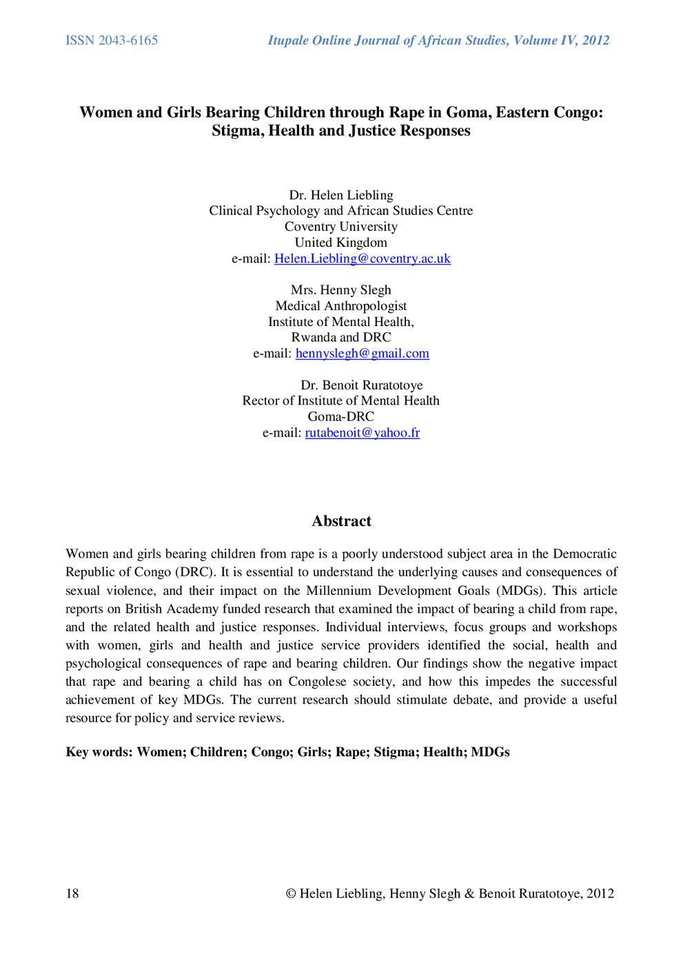 Women and Girls Bearing Children Through Rape in Goma, Eastern Congo: Stigma, Health and Justice Responses